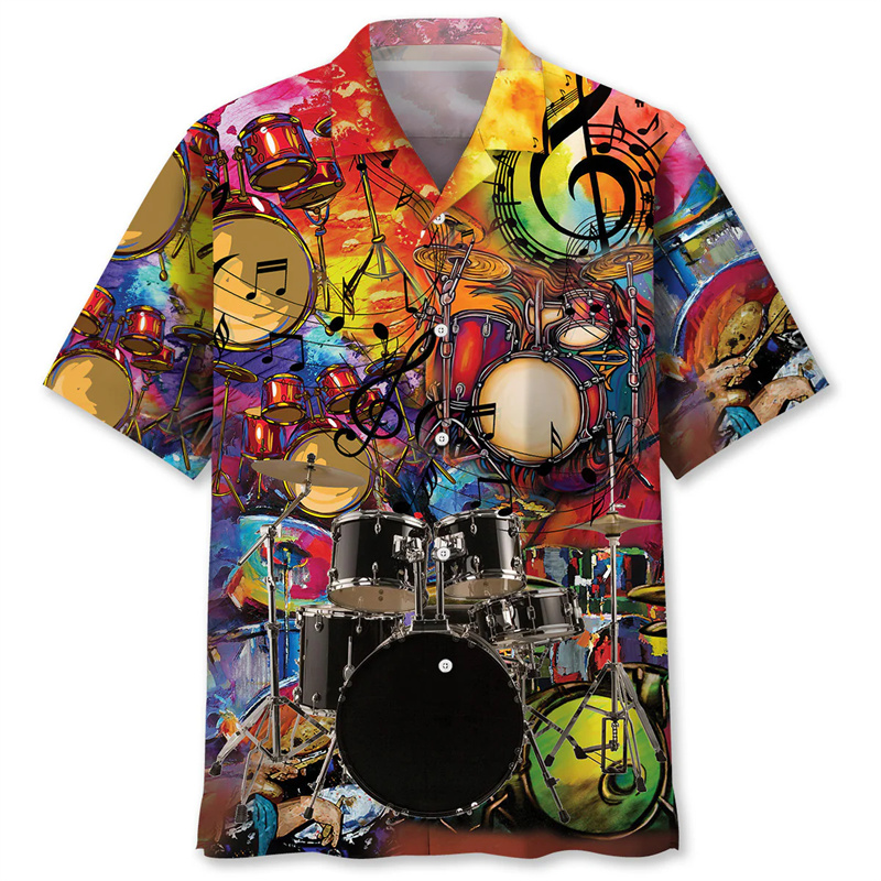 Musical Instrument Hawaiian - Camicia hawaiana con motivo a tamburo